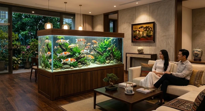Bể cá phong thủy tuổi hợi tuyệt đẹp với ánh sáng ấm áp được bài trí tinh tế trong không gian phòng khách Việt Nam