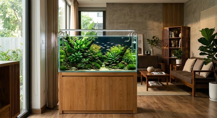 Mẫu bể cá phong thủy tuổi mão đặt tại phòng khách với thiết kế hiện đại giúp kích hoạt vượng khí cho gia chủ