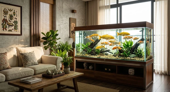 Sơ đồ bố trí bể cá phong thủy tuổi Sửu chiêu tài lộc với cá chép vàng và hướng chuẩn