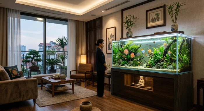 Bể cá phong thủy tuổi thìn với thiết kế hiện đại đặt trong không gian phòng khách mang đậm nét văn hóa Việt Nam