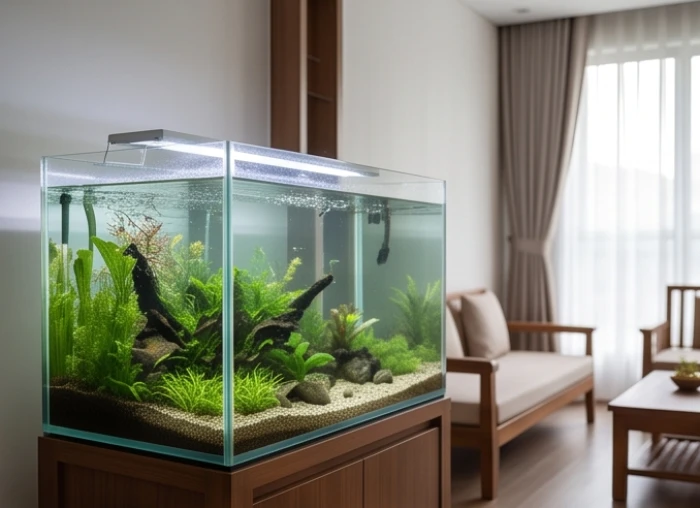 Bể cá kính thủy sinh đặt cạnh bộ bàn ghế phòng khách sang trọng giúp luân chuyển dòng năng lượng sinh khí