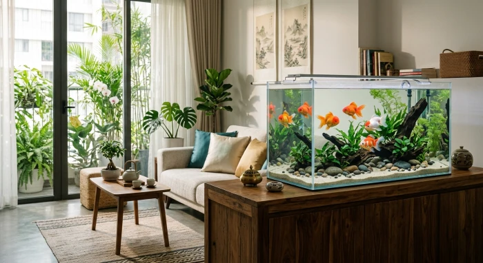 Mẫu bể cá phong thủy tuổi Tý đặt tại phòng khách với thiết kế hài hòa giúp thu hút tài lộc và vượng khí