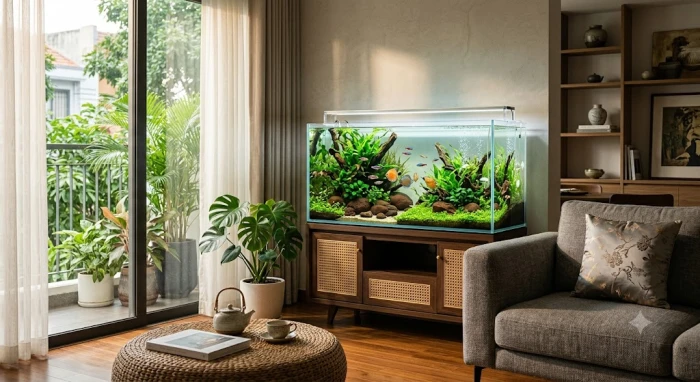 Bể cá phong thủy tuổi tỵ được thiết kế hài hòa với cây thủy sinh trong phòng khách hiện đại