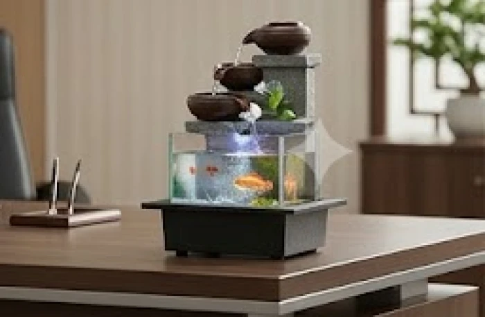 Bể cá cảnh mini với dòng nước róc rách đặt ở góc bàn làm việc văn phòng theo đúng phương vị Bắc