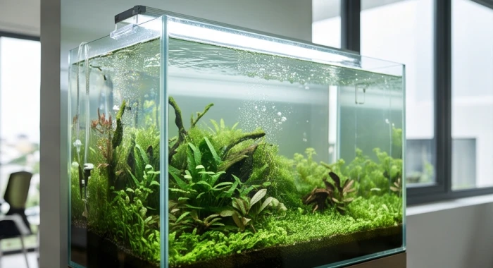 Bể cá thủy sinh phong thủy được đặt tinh tế tại góc làm việc nhằm hóa giải xung khắc ngũ hành