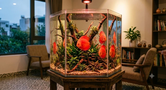 Bể cá thủy sinh chiếu đèn rọi quang phổ đỏ ấm áp tôn vẻ đẹp đàn cá đĩa rực rỡ hợp mệnh hỏa