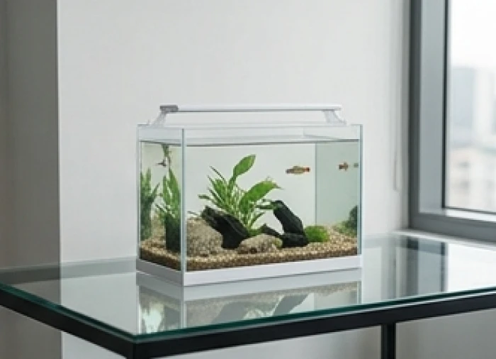 Bể cá mini thủy sinh đặt gọn gàng trên bàn làm việc giúp cân bằng ngũ hành tương khắc hiệu quả