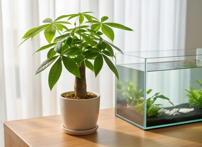 Chậu cây kim ngân tươi tốt đặt cạnh bể cá thủy sinh nước trong vắt trên bàn làm việc hướng Đông Nam