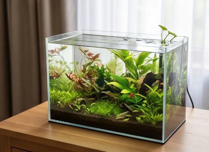 Bể cá thủy sinh mini để bàn với làn nước trong vắt và vài nhánh cây xanh tươi mát mọc bên trong