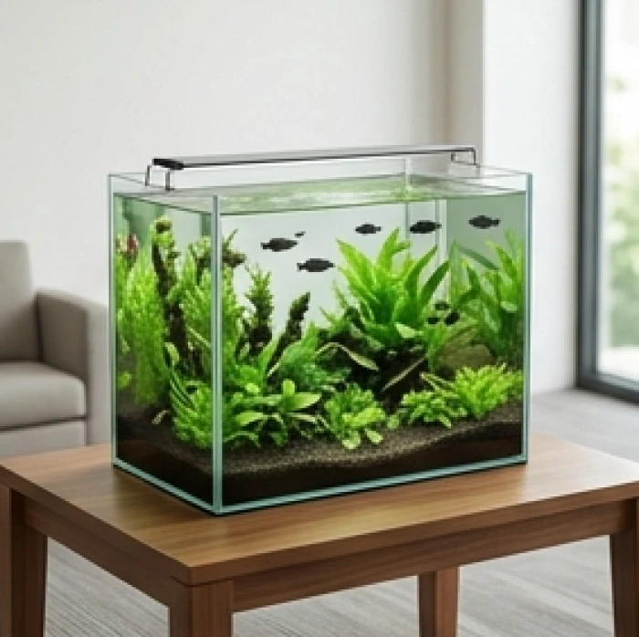 Bể cá thủy sinh nhỏ 20 đến 30 lít nuôi 6 con cá màu sẫm đặt tại bàn tiếp khách văn phòng cho người tuổi Mậu Thìn