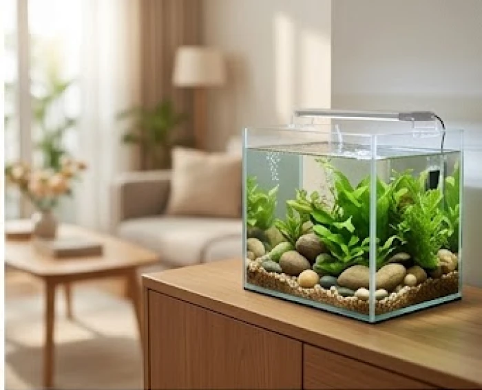 Bể cá thủy sinh nhỏ gọn đặt trang nhã trên tủ kệ phòng khách giúp kích hoạt năng lượng Thủy điều hòa