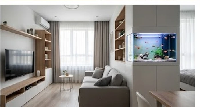 Bể cá treo tường nhỏ gọn được lắp đặt tinh tế trong căn hộ chung cư có diện tích hẹp