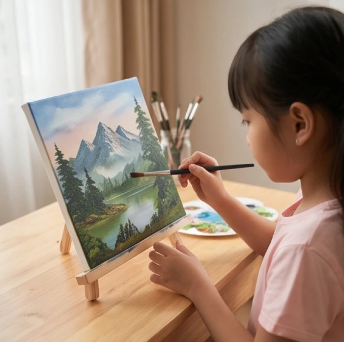 Bé gái cẩn thận tô màu bức tranh phong cảnh trên bàn học với sự chăm chú cao độ