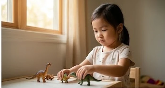Bé gái đang chăm chú tự nhặt đồ chơi của mình với nét mặt tập trung và tính tự lập cao