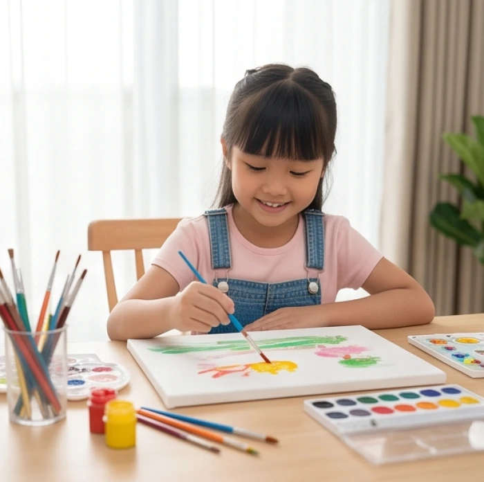 Bé gái 7 tuổi hào hứng vẽ tranh với gam màu xanh nhẹ nhàng giúp cân bằng cảm xúc trong năm sao Kế Đô