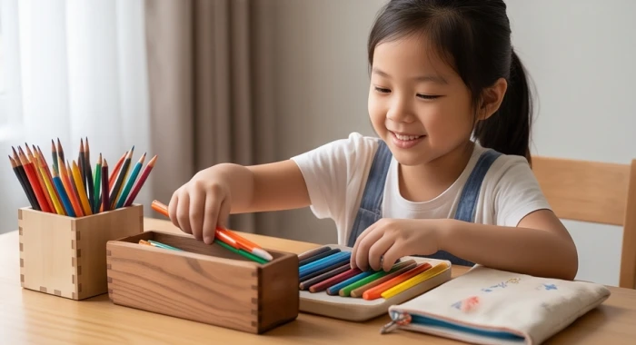Bé gái chủ động tự tay sắp xếp lại hộp bút và dụng cụ học tập của mình một cách ngăn nắp trên mặt bàn