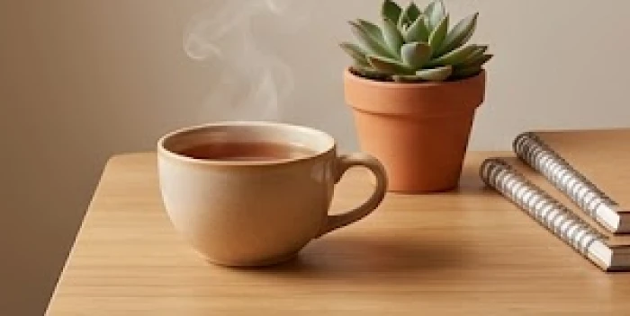 Tách trà ấm và chậu cây sen đá nhỏ đặt cạnh những cuốn vở ghi chép sạch đẹp của bé gái