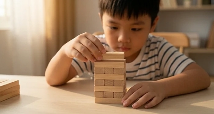 Bé trai sáu tuổi đang kiên nhẫn xếp các khối gỗ gọn gàng trên bàn học với ánh mắt tập trung cao độ cùng sự quan sát tỉ mỉ