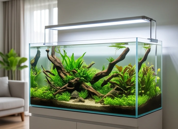 Hệ thống bể thủy sinh chữ nhật 90cm trang bị kính siêu trong và đèn LED RGB cho phòng khách