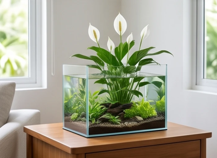 Bể cá thủy sinh nhỏ gọn kết hợp trồng cây lan ý trắng muốt đặt trên đôn gỗ tại góc phòng khách sáng sủa