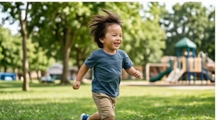 Bé trai đang vui vẻ chạy nhảy ngoài công viên ngập tràn ánh nắng và giải phóng năng lượng