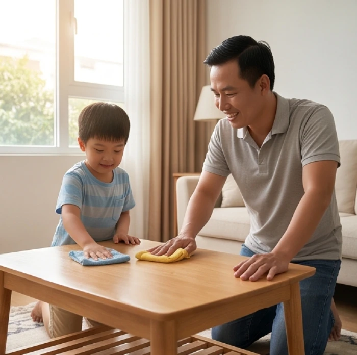 Cha và con trai cùng nhau dọn dẹp nhà cửa trong không khí gia đình vui vẻ gắn kết