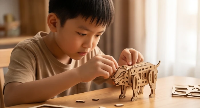 Bé trai kiên nhẫn ngồi lắp ráp mô hình gỗ phức tạp trên bàn học dưới ánh sáng tự nhiên ấm áp