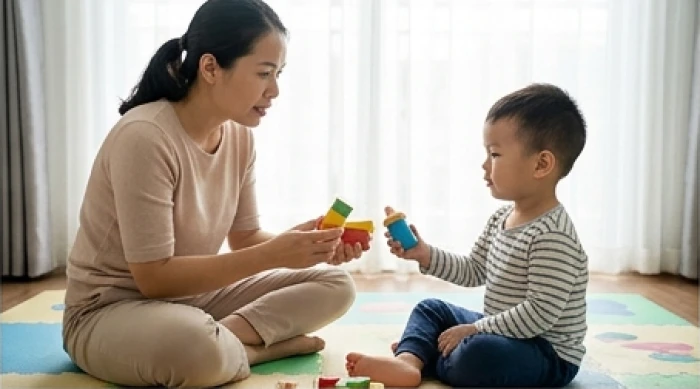 Người mẹ nhẹ nhàng ngồi trò chuyện và đưa ra hai món đồ chơi để bé trai Nhâm Dần 2022 tự lựa chọn