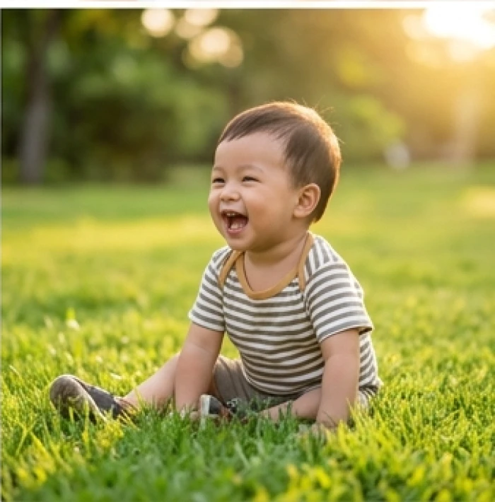 Bé trai kháu khỉnh đang vui vẻ chạy nhảy trên bãi cỏ xanh mát tràn ngập ánh nắng mặt trời