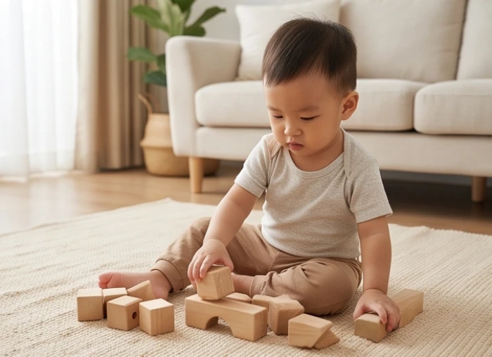 Bé tuổi Quý Mão đang tập trung quan sát và chơi cùng các khối gỗ tạo hình thông minh