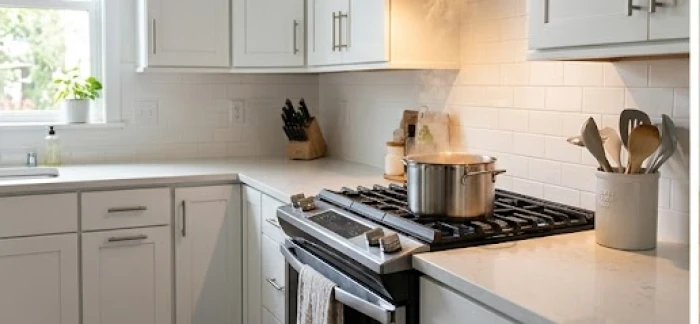 Góc bếp ngăn nắp với bếp từ đang hoạt động để lấy hỏa khí trấn áp sát khí từ cửa chính