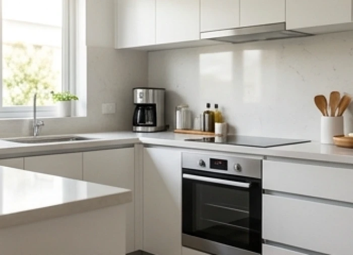 Căn bếp hiện đại sạch sẽ với các thiết bị gia dụng được bố trí thông minh tiện lợi