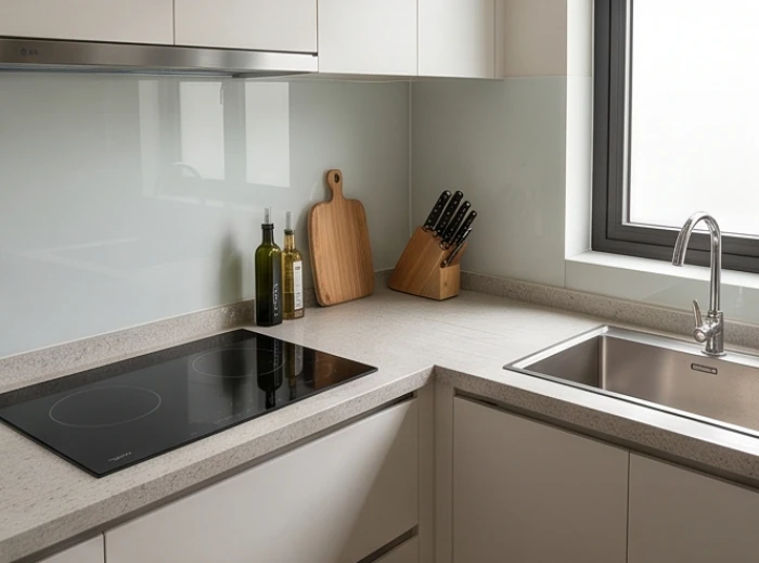 Khu vực bếp nấu hiện đại đặt tại góc xấu với mặt bếp hướng về phương tốt đón cát khí vào gia đình