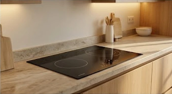 Khu vực bếp từ sạch sẽ và gọn gàng bố trí trên mặt bàn đá tự nhiên