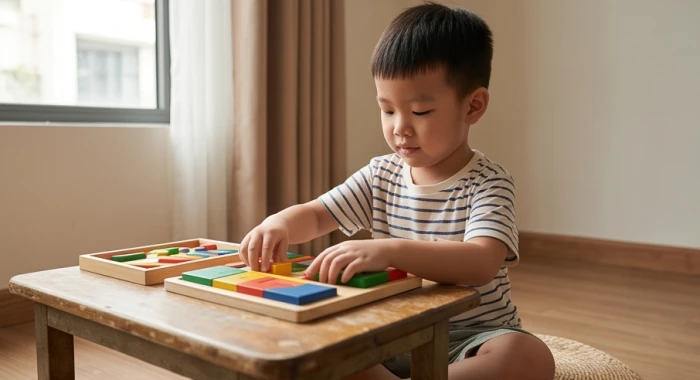 Bé trai tuổi tân sửu kiên nhẫn ngồi ghép tranh gỗ trong không gian phòng khách gia đình ấm cúng