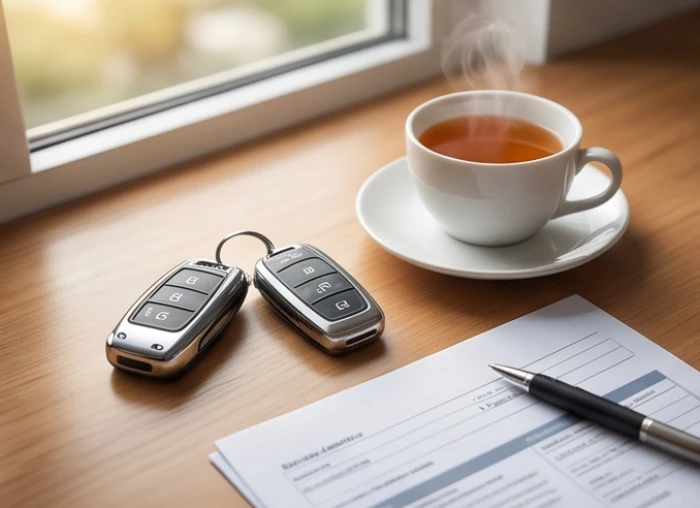Chìa khóa xe ô tô đặt trên bàn trà gỗ bên cạnh giấy tờ xe có biển số hợp mệnh Thổ và Hỏa
