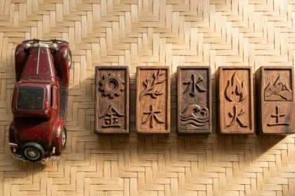 Mô hình xe hơi bên cạnh các thẻ số phong thủy biểu tượng cho biển số xe hợp tuổi ngọ trên mặt bàn gỗ