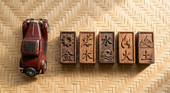 Mô hình xe hơi bên cạnh các thẻ số phong thủy biểu tượng cho biển số xe hợp tuổi ngọ trên mặt bàn gỗ