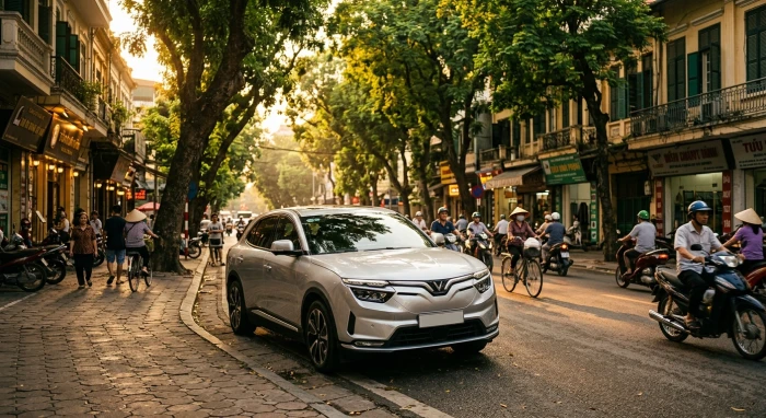 Chiếc ô tô hiện đại nổi bật với biển số xe hợp tuổi tý trên đường phố rực rỡ tại Việt Nam