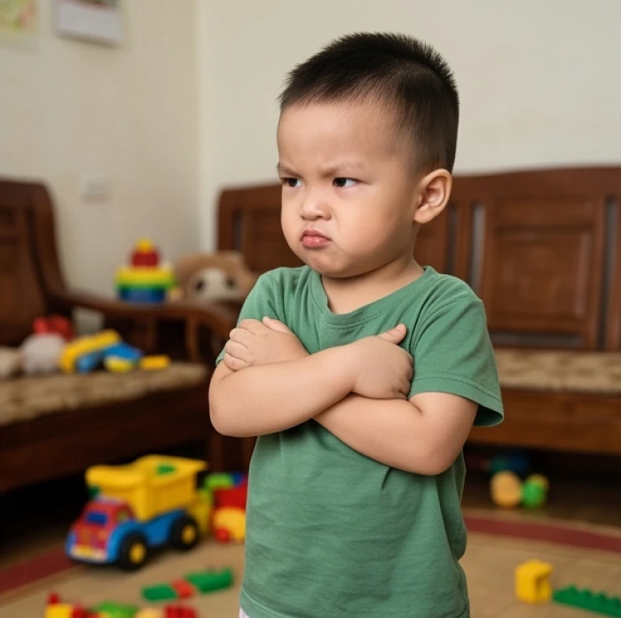 Bé trai khoanh tay bướng bỉnh bộc lộ sự phản đối mạnh mẽ khi không đồng ý với yêu cầu từ người lớn