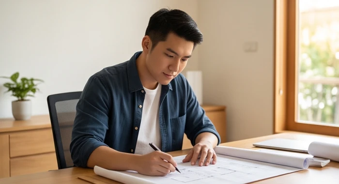 Nam thanh niên tuổi Bính Dần đang tập trung làm việc bên bàn gỗ trong không gian sáng sủa.