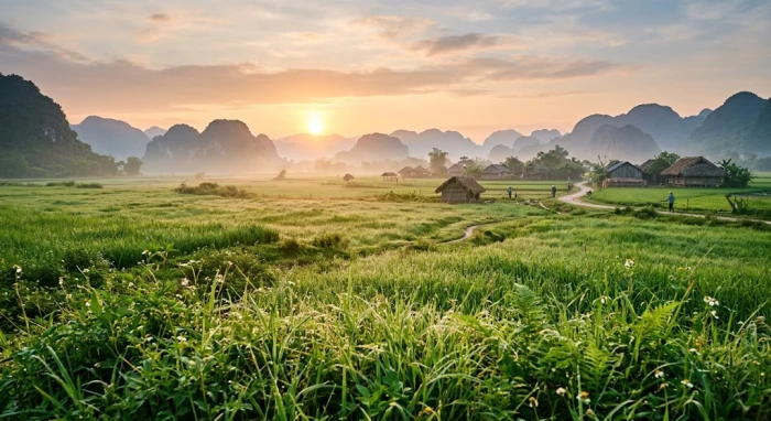 Hình ảnh minh họa giải thích bình địa mộc là gì qua biểu tượng cây cỏ vươn lên mạnh mẽ trên vùng đồng bằng trù phú