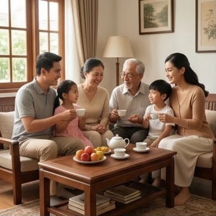 Hai thế hệ trong gia đình quây quần trò chuyện vui vẻ bên bàn trà gỗ phòng khách
