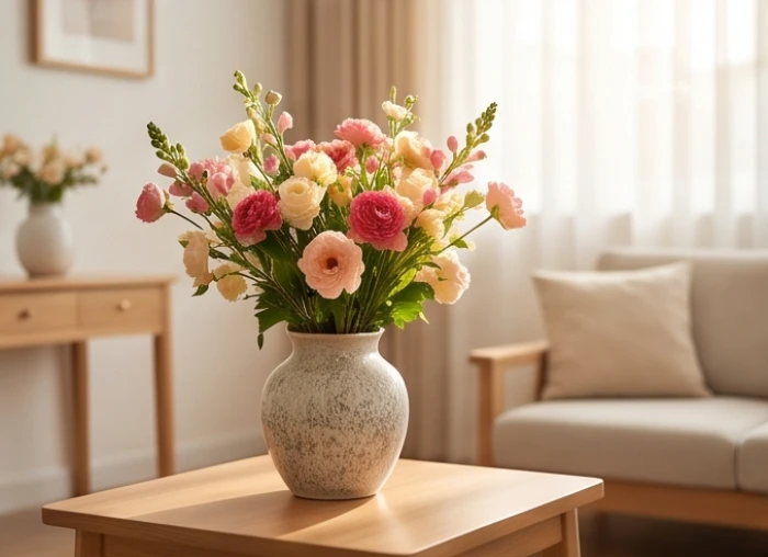 Bình hoa tươi sạch sẽ đặt tại vị trí cung đào hoa trong phòng khách giúp tăng cường tình cảm vợ chồng