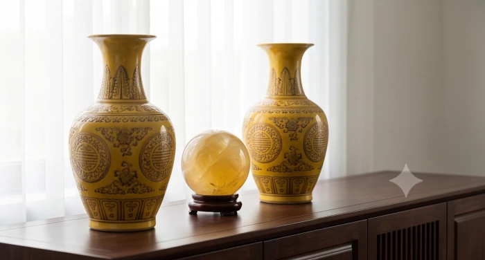 Cặp bình gốm sứ hút tài lộc men vàng thổ và tượng Tỳ Hưu đặt trên kệ gỗ phòng khách