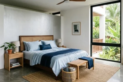 Không gian nội thất hiện đại tông màu trắng và xanh dương giúp gia chủ ứng dụng nguyên tắc bính ngọ 2026 hợp màu gì