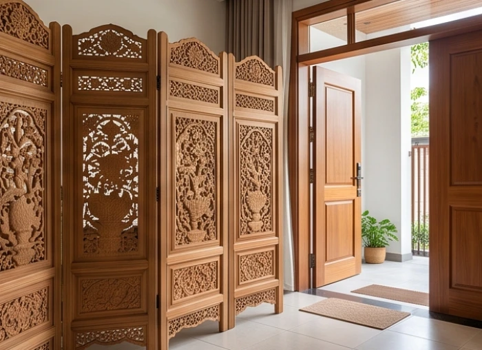 Tấm bình phong gỗ họa tiết truyền thống được đặt khéo léo ngay sau lối vào chính để nắn chỉnh luồng gió