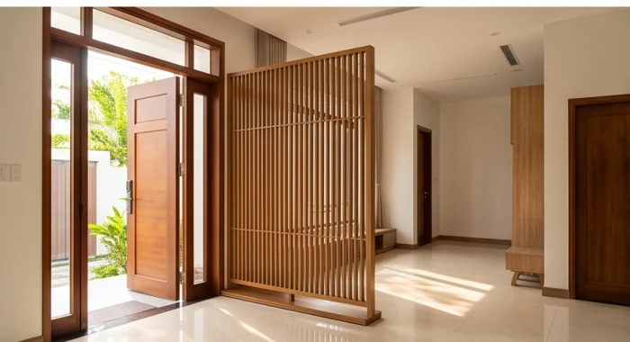 Bức bình phong gỗ trang nhã đặt ngay khu vực huyền quan sau cửa chính giúp cản bớt luồng hung khí xông thẳng vào nhà