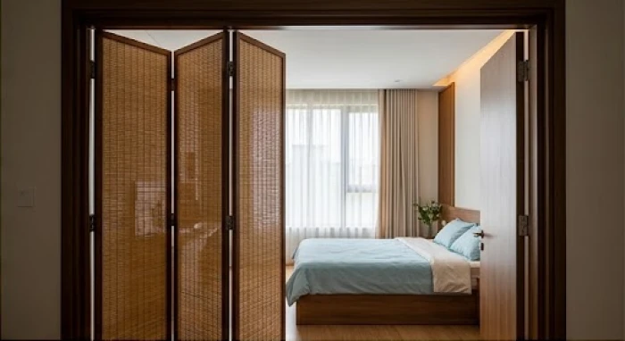 Bức bình phong bằng tre đặt khéo léo để cản gió lùa trực tiếp từ ngoài cửa chính
