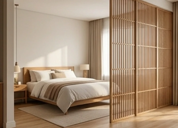 Bình phong gỗ trang nhã đặt ngăn cách giữa giường ngủ và cửa ra vào giúp chắn luồng khí lùa trực diện